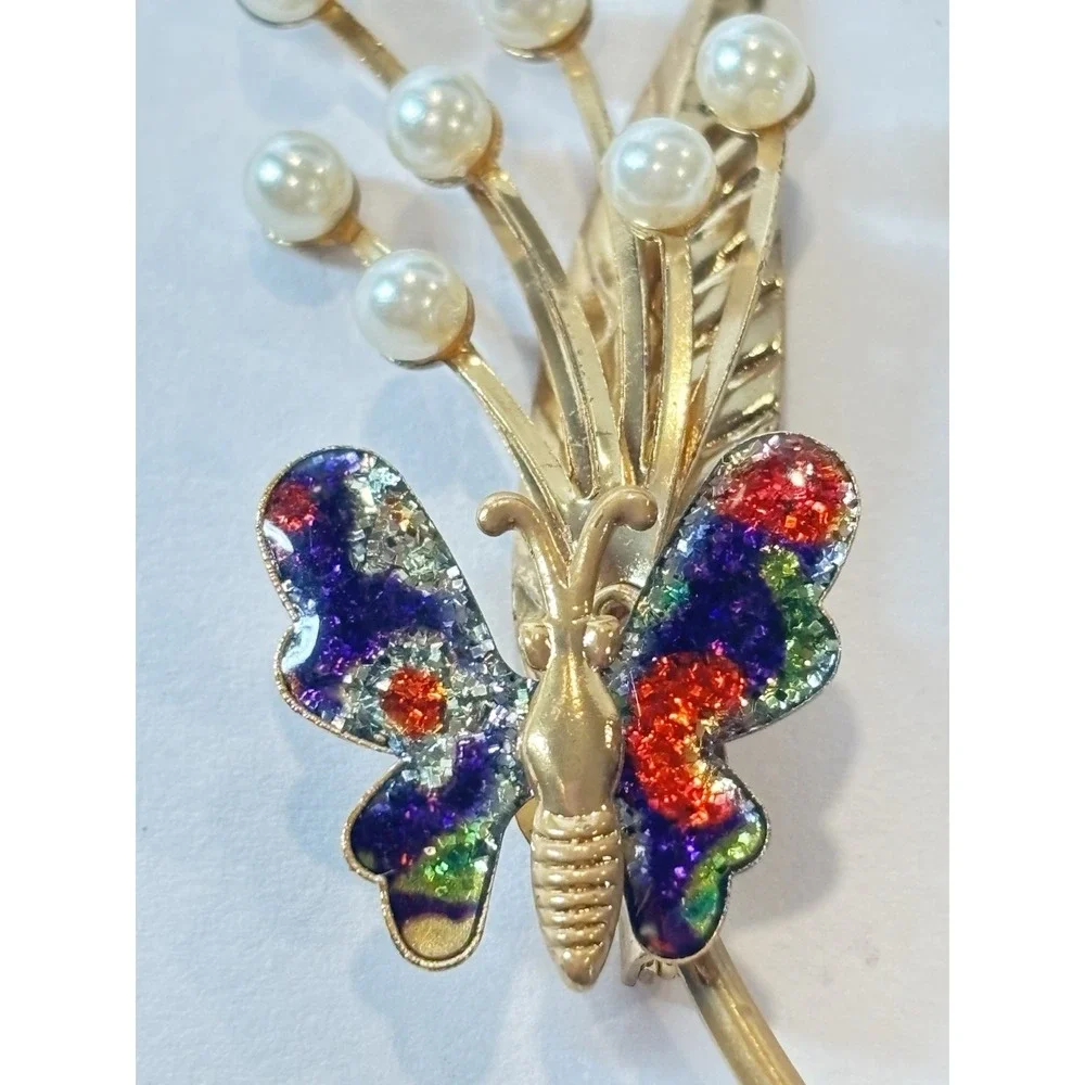 Vintage Butterfly Floral Spray Brooch Faux Pearl Glitter Enamel Gold Tone Pin